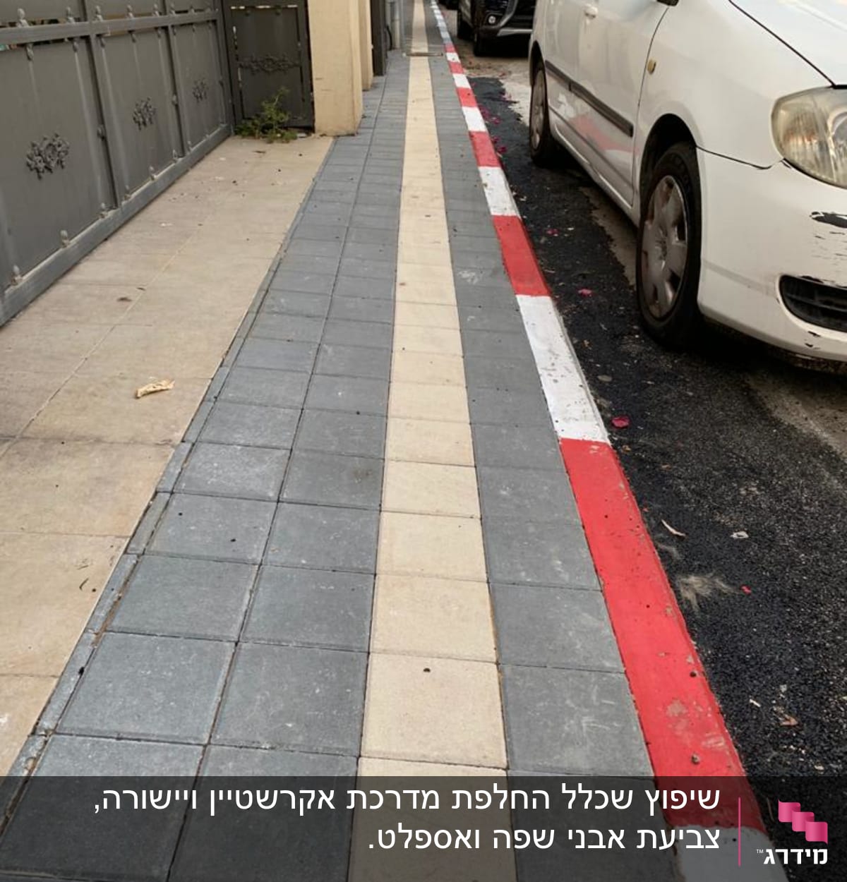 מדרכה מרוצפת חדשה עם אבנים אפורות ובז